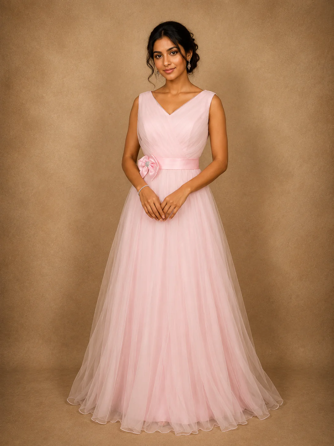 Baby Pink Pleated Design Net Party Wear Gown with Bow Waist Detail
